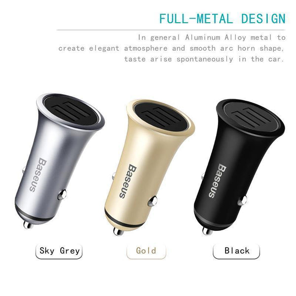 Planet Gates Black Baseus Metal Dual USB Car Charger For iPhone Samsung Xiaomi mi Huawei LED Light Car Charging Mobile Phone Charger Car Adapter