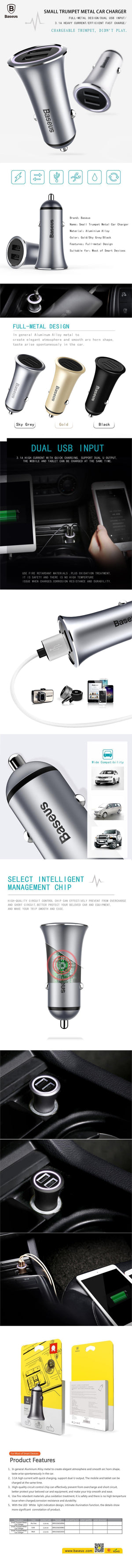 Planet Gates Black Baseus Metal Dual USB Car Charger For iPhone Samsung Xiaomi mi Huawei LED Light Car Charging Mobile Phone Charger Car Adapter