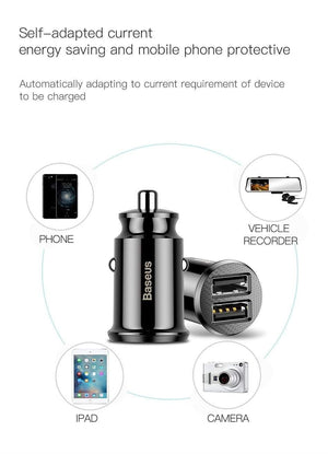 Baseus Mini Car Charger For iPhone Xs Samsung Xiaomi mi 3.1A Fast Car Charging Dual USB Car Charger Adapter Mobile Phone Charger - Planet Gates