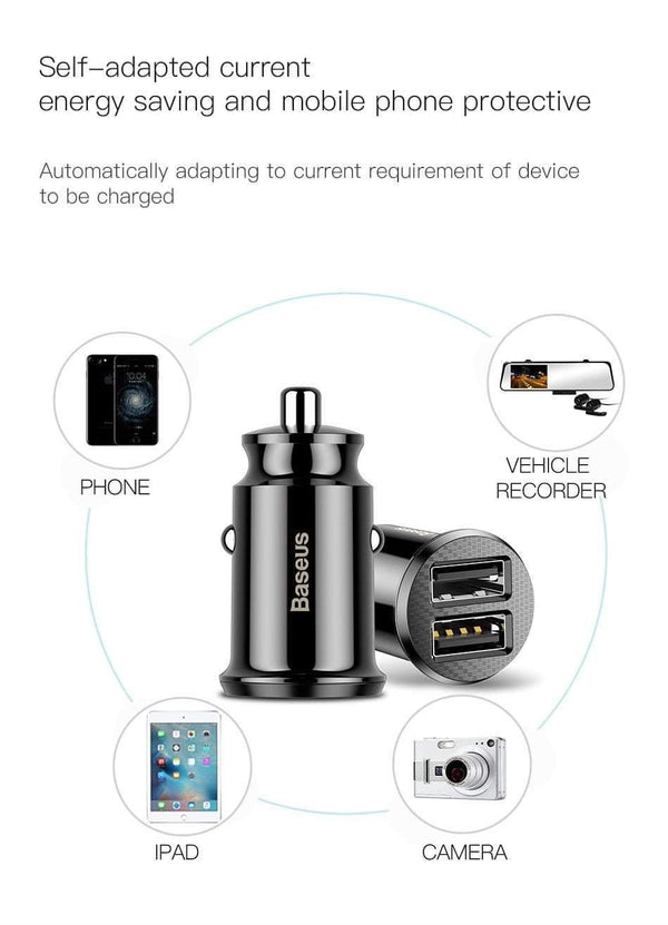 Baseus Mini Car Charger For iPhone Xs Samsung Xiaomi mi 3.1A Fast Car Charging Dual USB Car Charger Adapter Mobile Phone Charger - Planet Gates