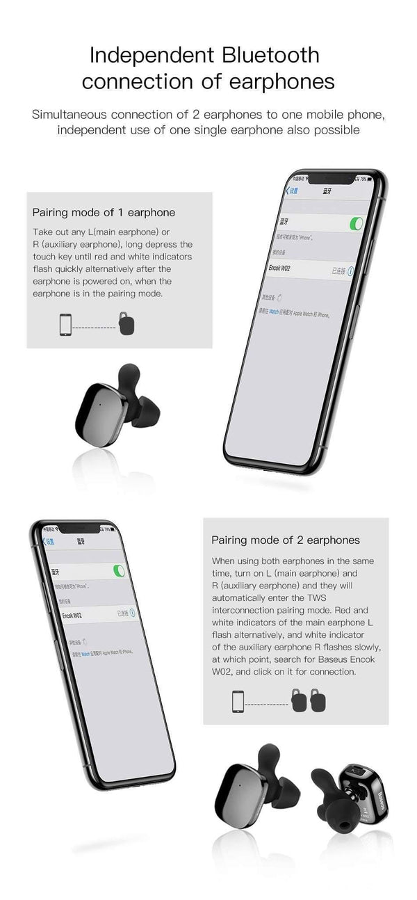 Planet Gates Black Baseus TWS Bluetooth Earphone For Phone In-Ear Dual True Wireless Earbuds With Mic Intelligent Touch Handsfree Business Headset