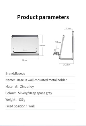 Planet Gates Black Baseus Wall Mount Holder For iPhone Xs Max X 8 Metal Strong Adhesive Mobile Phone Holder For Samsung Huawei Xiaomi Charger Stand