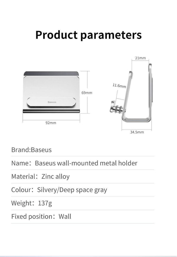 Planet Gates Black Baseus Wall Mount Holder For iPhone Xs Max X 8 Metal Strong Adhesive Mobile Phone Holder For Samsung Huawei Xiaomi Charger Stand