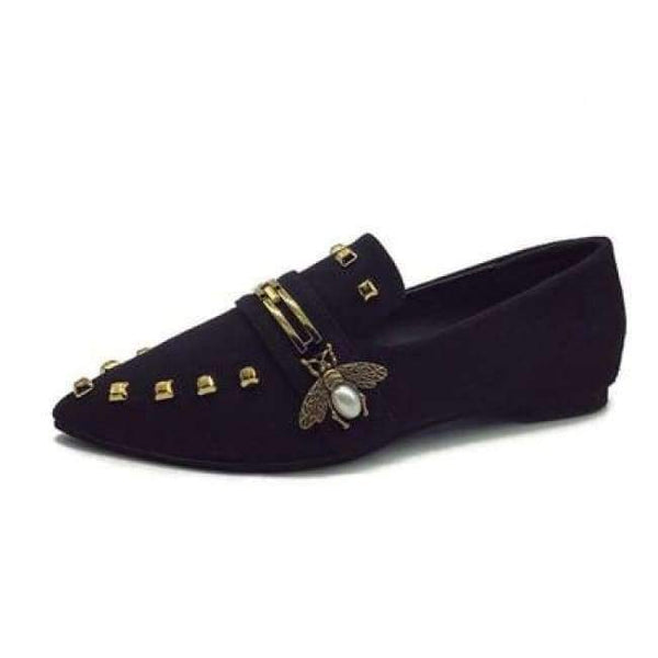Planet Gates black bee W / 6 Women Flats Cool Golden Rivet Flat Shoes Women Loafers Ballet Flats Suede Metal Chain Bees Black Shoes Casual Pointed Toe Slipon