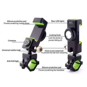 Planet Gates Black Bicycle phone holder  Motorcycle Phone Holder with Compass and LED Light Adjustable Phone Mount and Bicycle Handlebar