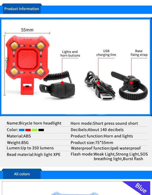 Planet Gates Black Bike Bell 4 Lamp Cycling Light Electric Horn Waterproof USB Charging Loud Alarm Security Bicycle Bell Sounds Cycling Accessories