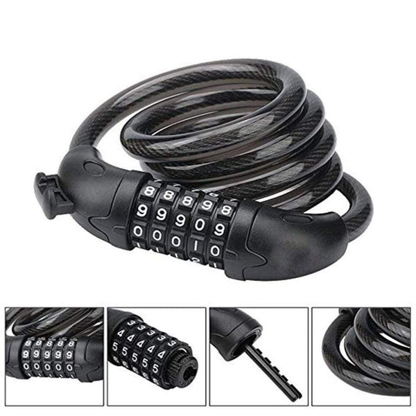 Planet Gates Black Bike Lock 5 Digit Code Combination Bicycle Security Lock 1200 mm x 12 mm Steel Cable Spiral Bike Cycling Bicycle Lock