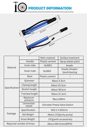 Planet Gates Black Bike Pump Bicycle Tire Portable Inflator Air Pump 100PSI Mountain Road Bike Accessories for Cycling MTB Bicycle Pump
