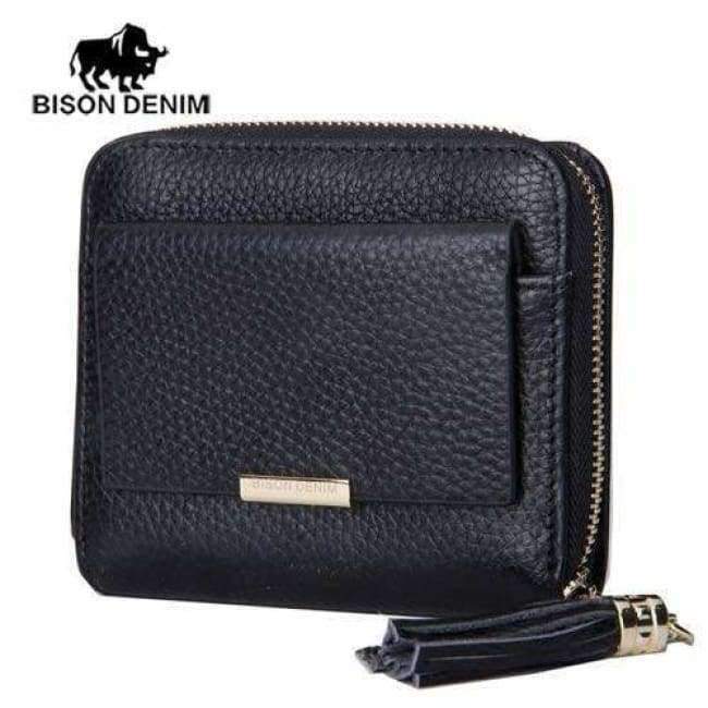 Planet Gates black BISON DENIM 100% Leather Women's Purse Zipper Coin Pocket Wallet Card Holder Female Money Bag Small carteira feminina N3276