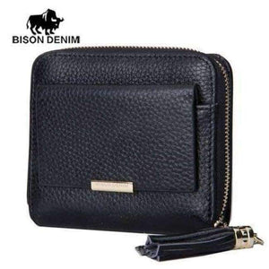 Planet Gates black BISON DENIM 100% Leather Women's Purse Zipper Coin Pocket Wallet Card Holder Female Money Bag Small carteira feminina N3276