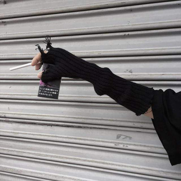 Planet Gates Black Black Gray Beige Tattered Punk Unisex Fingerless Cuff Knit Gloves Women Men Elbow Length Mittens Broken Cool Stretch Arm Warmer