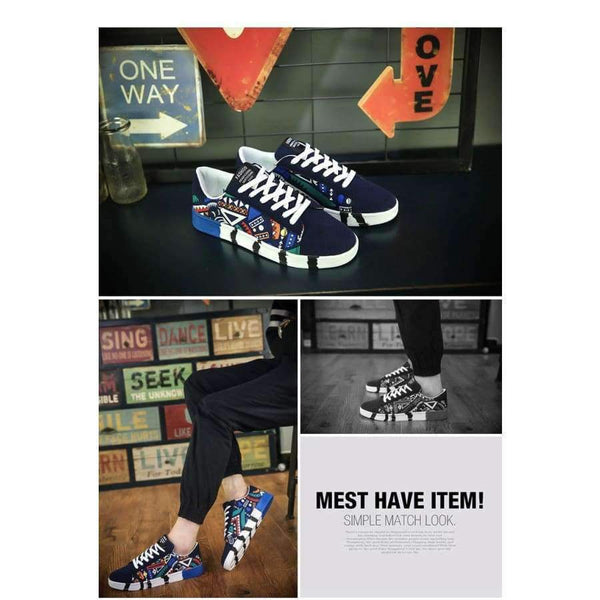 Planet Gates black blue / 7 Mexemina Fashion Men Shoes Graffiti Printing Vulcanized Shoes Students White Shoes Spring Autumn Casual Masculino Adult Shoe