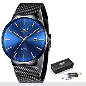 Planet Gates Black blue Mens Watches Top Brand Luxury Fashion Watch Slim Mesh Date Waterproof Quartz Watch For Men Blue Clock