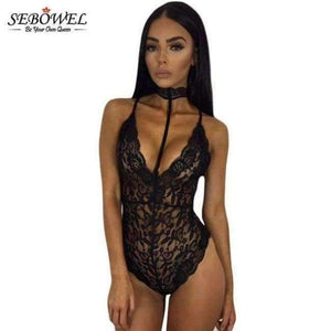 Planet Gates Black bodysuit / L / China Elegant Floral Red Lace Bodysuit Women Backless Deep V Neck Sexy Bodysuit Bodycon Halter Sleeveless Jumpsuit Romper