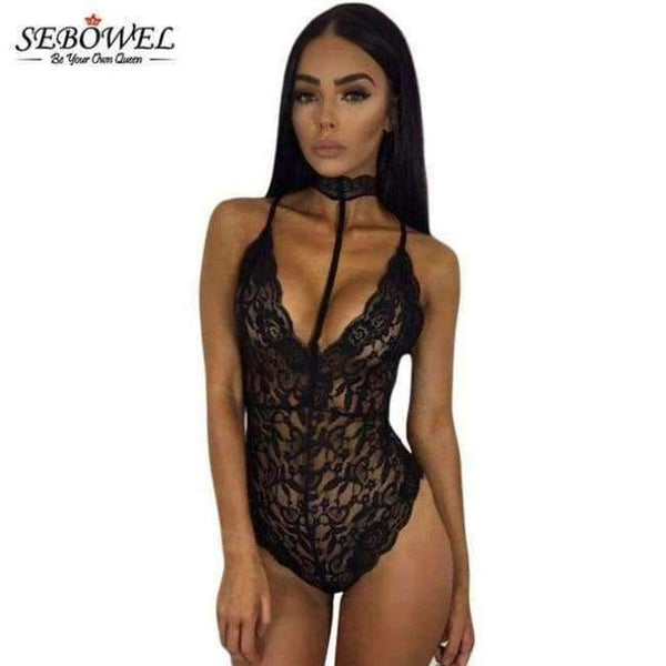 Planet Gates Black bodysuit / L / China Elegant Floral Red Lace Bodysuit Women Backless Deep V Neck Sexy Bodysuit Bodycon Halter Sleeveless Jumpsuit Romper