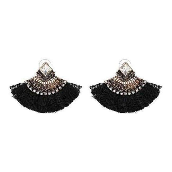 Planet Gates Black Bohemia Dangle Drop Earrings Women Accessories Fan Shaped Cotton Handmade Tassels Fringed Earrings Ethnic Jewelry