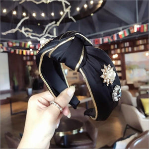 Boutique Hair Accessories Women's Luxury Fabric Gold-rimmed Diamonds Super Flash Middle Knotted Wide-brimmed Headband Hairband