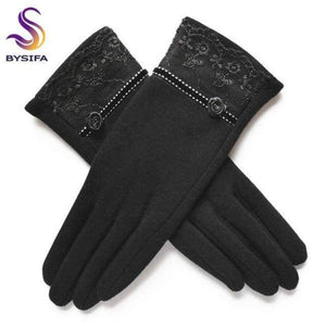 Planet Gates black [BYSIFA] Cashmere Wool Women Gloves Winter Thick Ladies Lace Embroidered Wool Gloves Grey And Green Elegant Soft Mittens Gloves