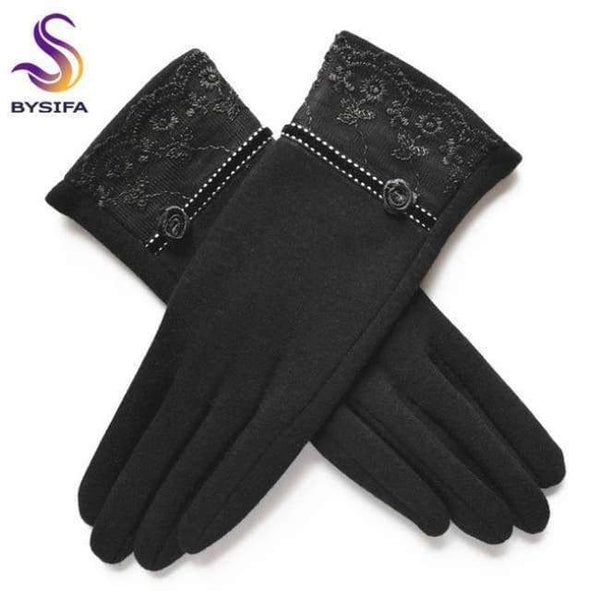 Planet Gates black [BYSIFA] Cashmere Wool Women Gloves Winter Thick Ladies Lace Embroidered Wool Gloves Grey And Green Elegant Soft Mittens Gloves