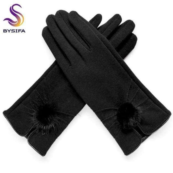 Planet Gates black [BYSIFA] Women Mink ball Wool Gloves Fashion Opening Design Winter Ladies Gloves New Trendy Elegant Soft Black Mittens Gloves