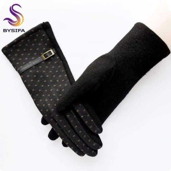 Planet Gates black [BYSIFA] Women Polka Dot Wool Mittens Gloves Fashion Metal Buckle And Pu Design Cashmere Gloves Elegant Thick Warm Pink Gloves