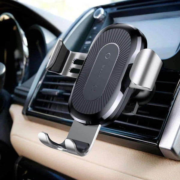 Planet Gates Black Car Phone Holder Wireless Fast Charger Gravity Mount Holder 10W Silicone 4.0 - 6.5 inch Adjustable Car Phone Holder