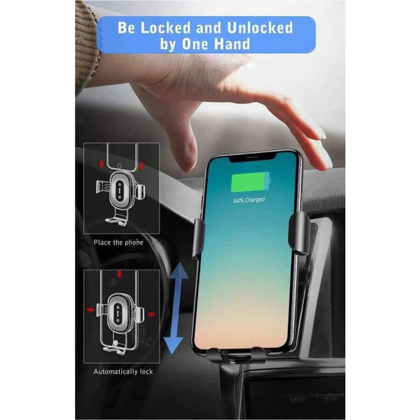 Planet Gates Black Car Phone Holder Wireless Fast Charger Gravity Mount Holder 10W Silicone 4.0 - 6.5 inch Adjustable Car Phone Holder