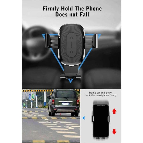 Planet Gates Black Car Phone Holder Wireless Fast Charger Gravity Mount Holder 10W Silicone 4.0 - 6.5 inch Adjustable Car Phone Holder