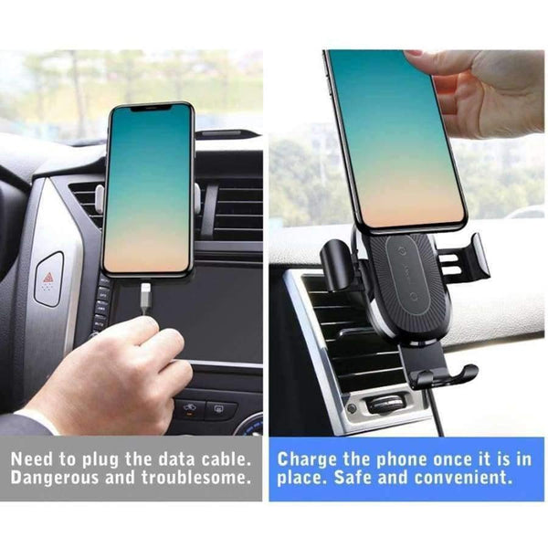 Planet Gates Black Car Phone Holder Wireless Fast Charger Gravity Mount Holder 10W Silicone 4.0 - 6.5 inch Adjustable Car Phone Holder