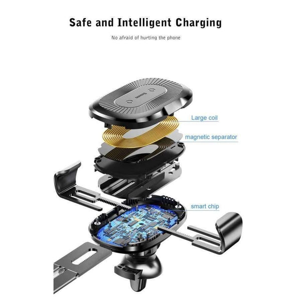 Planet Gates Black Car Phone Holder Wireless Fast Charger Gravity Mount Holder 10W Silicone 4.0 - 6.5 inch Adjustable Car Phone Holder