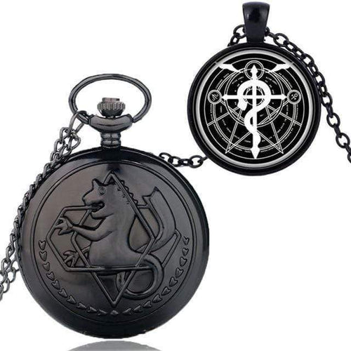 Planet Gates Black Cartoon Fullmetal Alchemist Edward Pocket Watch with Necklace & Pendant Chain Cosplay Costume Luxury Gift Set