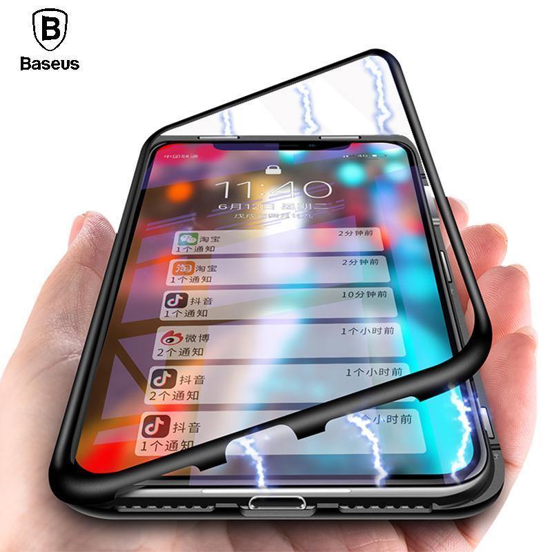 Planet Gates Black Case / For iPhone X Case Baseus Magnetic Adsorption Case For iPhone X 10 Luxury Metal Bumper+Tempered Glass Back Cover Flip Case For iPhoneX Phone Cases