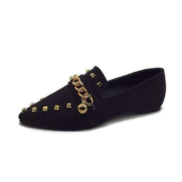 Planet Gates black chain W / 6 Women Flats Cool Golden Rivet Flat Shoes Women Loafers Ballet Flats Suede Metal Chain Bees Black Shoes Casual Pointed Toe Slipon