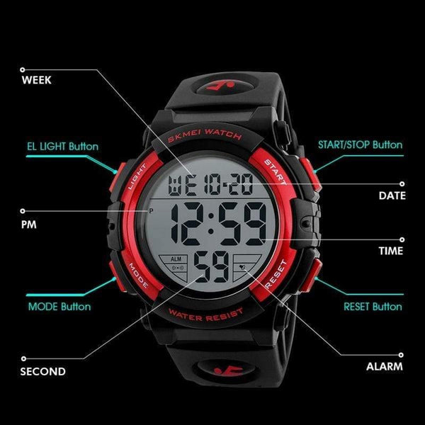 Planet Gates Black Children Watches LED Digital Multifunctional Waterproof Wristwatches Outdoor Sports Watches for Kids Boy Girls