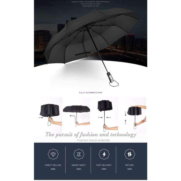 Planet Gates Black / China Fully-automatic Three Folding Male Commercial Compact Large Strong Frame Windproof 10Ribs Gentle Black Umbrellas