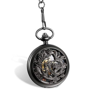 Planet Gates Black / China Mechanical Pocket Watches Men Black Dragon/Phoenix Hollow Retro Necklace Pocket Watch With Chain For Men
