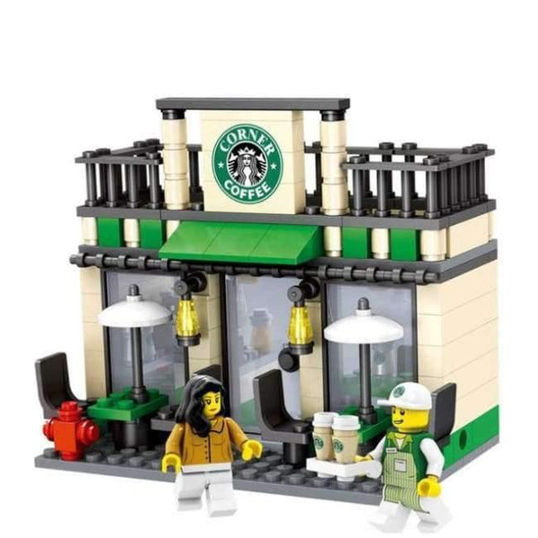 Planet Gates Black City Series Mini Street Model Store Shop with McDonald`s Coffee Apple house Building Blocks Toys Hotsale Compatible