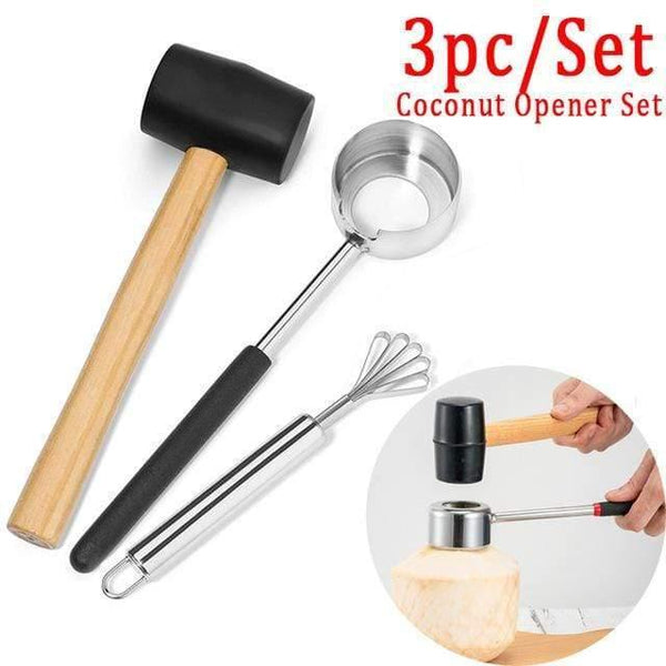 Planet Gates Black Coconut Opener Tool Set Food Grade 304 Stainless Steel Opener Coconut Meat Tool Wooden Handle Rubber Hammer Easy To Use Durable