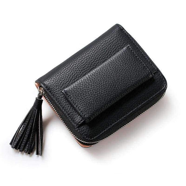 Planet Gates Black Coin Purse Women Coin Purse Female Tassel Pendant Short Money Wallets PU Leather Lady Zipper Mini Coin Purses Fashion Card Holders Monedero