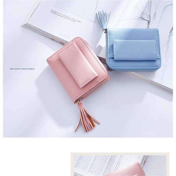 Planet Gates Black Coin Purse Women Coin Purse Female Tassel Pendant Short Money Wallets PU Leather Lady Zipper Mini Coin Purses Fashion Card Holders Monedero