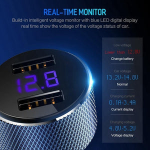 Planet Gates black color LCD Digital Display Dual USB Car-Charger, ROCK Universal 3.4A LED 2 USB Car Charger adapter for Mobile Phones for Tablet PC