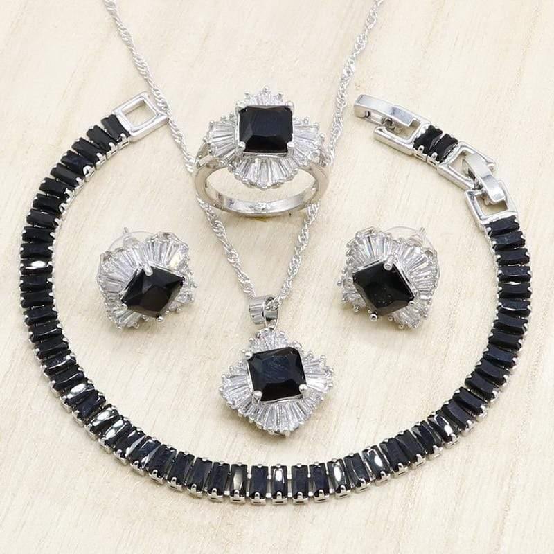 Planet Gates Black Cubic Zirconia Silver Jewelry Sets for Women Bracelet Necklace Pendant Earrings Ring Birthday Wedding Jewelry