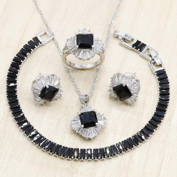 Planet Gates Black Cubic Zirconia Silver Jewelry Sets for Women Bracelet Necklace Pendant Earrings Ring Birthday Wedding Jewelry