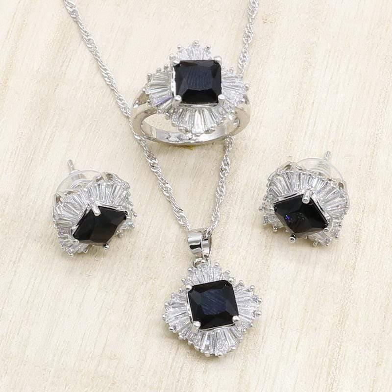 Planet Gates Black Cubic Zirconia Silver Jewelry Sets for Women Bracelet Necklace Pendant Earrings Ring Birthday Wedding Jewelry