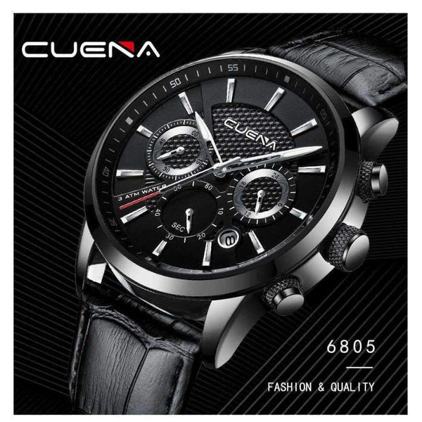 Planet Gates Black CUENA Men's Watches Stopwatch Date Luminous Hands Genuine Leather 30M Waterproof Clock Man Quartz Watches Men Fashion Watch 2018