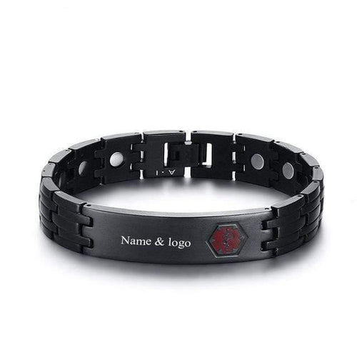 Planet Gates Black-Custom name / 21.5cm Black Titanium Steel Medical Alert ID Magnet Germanium Health Bracelets Custom Name Logo Bracelet for Men Casual Trendy Jewelry