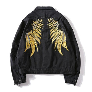 Planet Gates black Denim Jeans / XXL Hipster Men  Embroidery Denim Jackets Retro Streetwear Harajuku Ripped  Slim fit Hip Hop