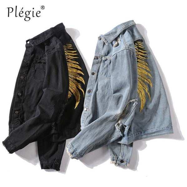 Planet Gates black Denim Jeans / XXL Hipster Men  Embroidery Denim Jackets Retro Streetwear Harajuku Ripped  Slim fit Hip Hop