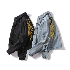 Planet Gates black Denim Jeans / XXL Hipster Men  Embroidery Denim Jackets Retro Streetwear Harajuku Ripped  Slim fit Hip Hop