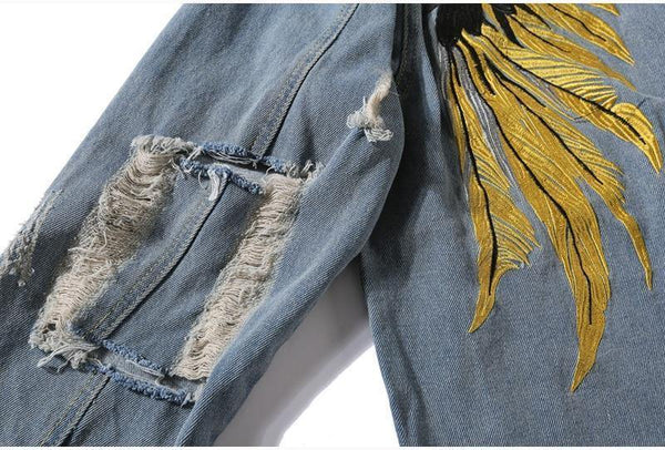 Planet Gates black Denim Jeans / XXL Hipster Men  Embroidery Denim Jackets Retro Streetwear Harajuku Ripped  Slim fit Hip Hop